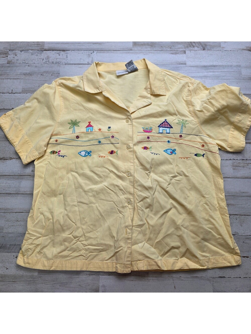 White Stag Women XL 16/18 Yellow Cotton Button Up Shirt Embroidered Fish Houses